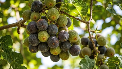 Ripe figs hang from branch dappled sunlight filters through leaves