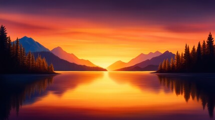 Obraz premium A breathtaking sunset over tranquil mountains and a reflective lake, showcasing vibrant hues of orange, pink, and purple, creating a serene atmosphere and natural beauty.