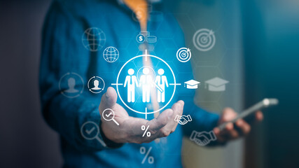 Concept of customer behavior, buyer persona, and target client Marketing plans and tactics Marketing customization and customer-focused tactics investigating possible clients on a computer.