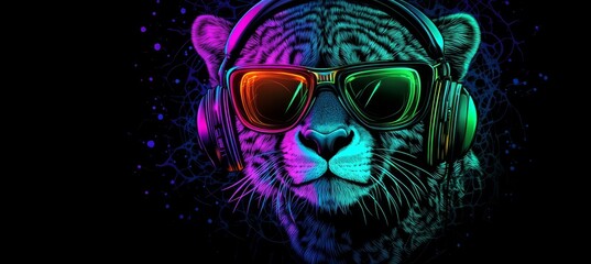 Fototapeta premium Neon Party Animal Cheetah With Headphones and Sunglasses, a Vibrant and Colorful Concept
