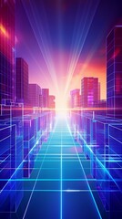 Fototapeta premium Futuristic Cityscape with Neon Lights and Radiant Sunbeams