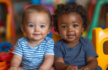 Two multiracial babies playing together in a nursery center at a day care facility,