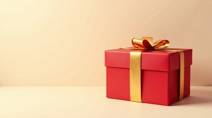 A single red gift box with a gold ribbon, elegantly presented on a neutral background, symbolizes celebration and thoughtful giving.