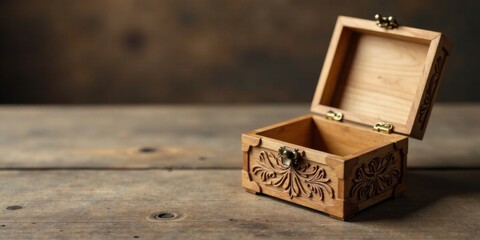 A delicately carved wooden box rests open on a rustic wooden surface, hinting at untold stories and precious memories within