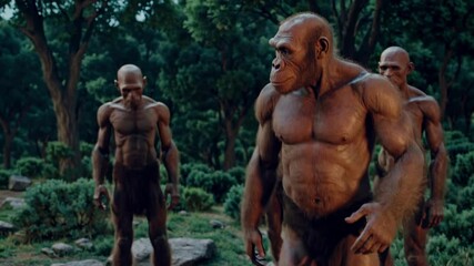 A wide-angle shot captures a prehistoric scene with early humans around a fire in a lush landscape, evoking a documentary video style.