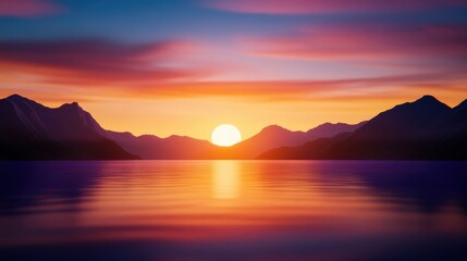 Fototapeta premium A breathtaking sunset over tranquil waters, with mountains silhouetted against a vibrant sky of colors. This serene scene captures the beauty of nature and evokes peace.