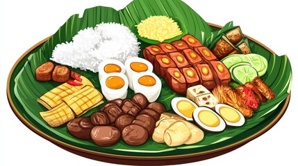 Delicious Southeast Asian meal on banana leaf