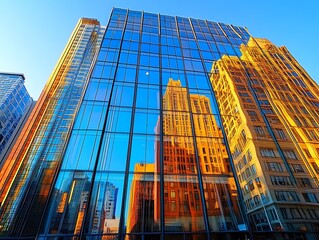 Naklejka premium Cityscape reflection, sunrise, buildings
