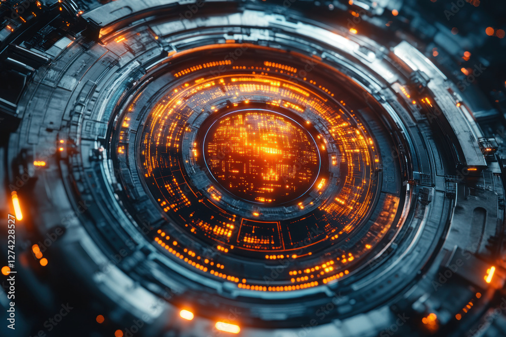 Poster close-up of a complex technological structure resembling a part of a space device or cybernetic syst