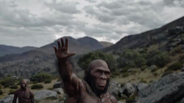 A low-angle shot of a prehistoric human figure under a cloudy sky, emphasizing dramatic tension. The video captures a raw, primal atmosphere.