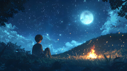 Fototapeta premium A boy sits on the edge of an open field, gazing at the stars in the night sky as he sets up his campfire under the moonlight 