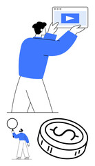 Person holding tablet with play button on screen, small figure with balloon, large coin with dollar symbol. Ideal for media content, digital marketing, financial planning, animation, web design