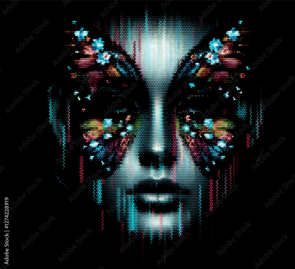 Poster Digital artwork depicting an abstract human face with butterfly-shaped patterns around the eyes. The design uses vibrant colors and pixelated effects, creating a surreal and artistic look.