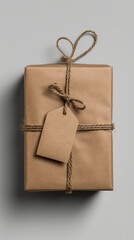 Natural Brown Paper Wrapped Gift with Twine and Blank Tag on Neutral Background