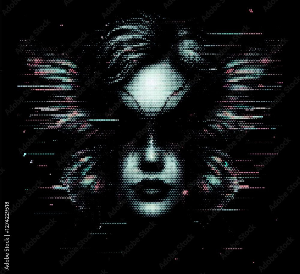 Aufkleber Digital artwork depicting an abstract human face with butterfly-shaped patterns around the eyes. The design uses vibrant colors and pixelated effects, creating a surreal and artistic look.