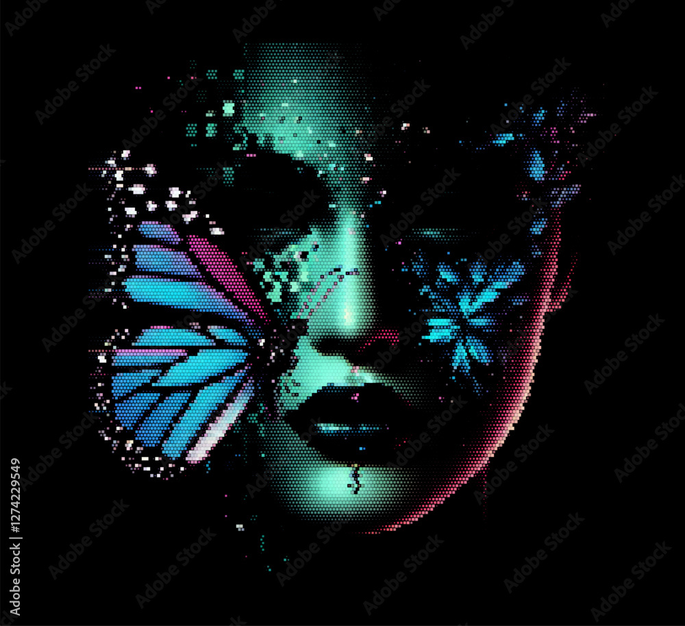 Poster Digital artwork depicting an abstract human face with butterfly-shaped patterns around the eyes. The design uses vibrant colors and pixelated effects, creating a surreal and artistic look.