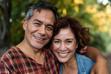 Fototapeta premium Portrait of a merry latino couple in their 40s having fun