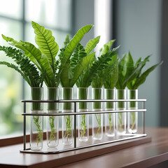 Glass tubes with plants in rack on table against blurred background.