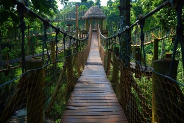 Obraz premium Suspended walkway in tropical forest among lush greenery and towering trees, inviting adventure during sunny daytime