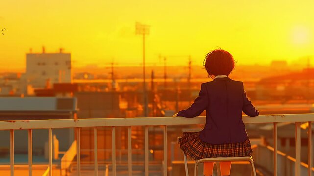 An anime girl in a school uniform watching the sunset from a rooftop. Seamless looping time lapse animation video background.  
