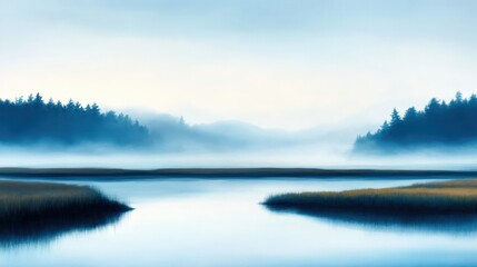 Fototapeta premium A serene landscape featuring a tranquil river surrounded by lush forests shrouded in morning mist