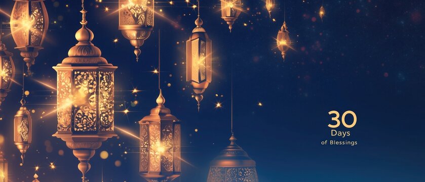 Festive Islamic - style lanterns for Ramadan, set against a starry night sky with a '30 Days of Blessings' message.