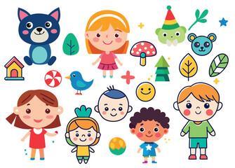 Colorful children cartoon set  icon collection. Set of funny line doodle decoration