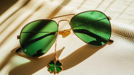 Gold - framed sunglasses with green lenses and a four - leaf clover charm, evoking St. Patrick's Day.