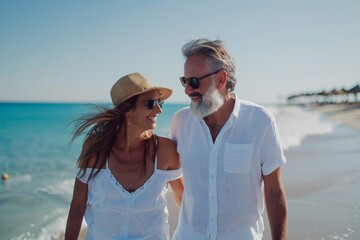 Portrait of a cheerful couple in their 40s walking on beach