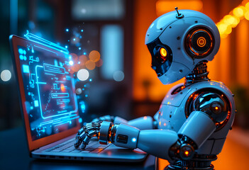 A humanoid robot engages with a sleek laptop, displaying glowing graphics on the screen. The ambiance is warm and modern, illuminated with soft lights in the background.