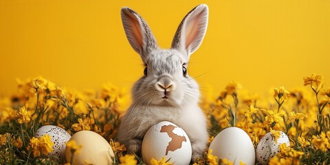 Festive Easter horizontal flyer, banner, header for website with white cracked egg and banny ears on a yellow background. Trendy Easter design with egg, bunny. Greeting card with text Happy Easter