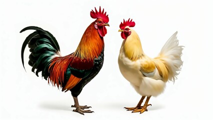 Fototapeta premium Colorful rooster and hen standing together in a bright, neutral setting showcasing their vibrant plumage and distinct features