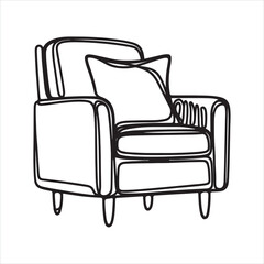 Single one line Armchair in continuous line art drawing style. Upholstered armchair with a pillow black linear sketch isolated on white background silhouette on white background

