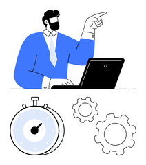 Businessman pointing while working on laptop. Stopwatch and gear icons symbolize task delegation, workflow, productivity, time tracking, efficiency, project management, and work optimization as