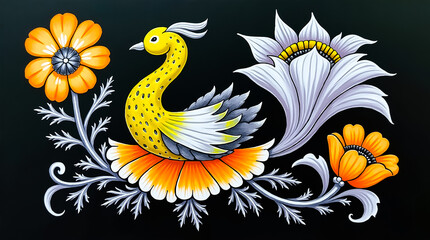 Obraz premium Colorful floral design featuring a stylized bird and vibrant flowers on a dark background