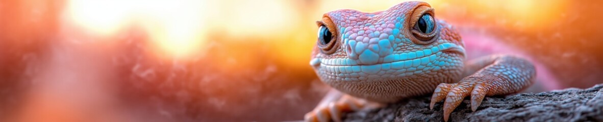 Naklejka premium Vibrant pet lizard perched on a rock with a colorful sunset backdrop
