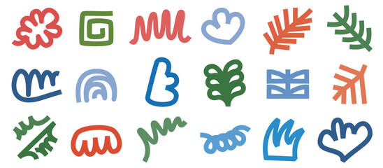 Doodle art vector illustration. Composition of various geometric shapes, leaf shapes, waveforms, curves, wavy lines, and independent, fun, creative decorative symbols for graphic background designs.