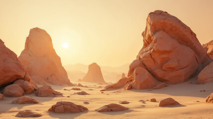 A desert landscape featuring large rocks and warm sunset light
