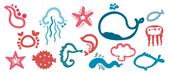 Doodle art vector illustration. Composition of various geometric shapes, sea creatures, waveforms, curves, wavy lines, and freewheeling, fun, creative decorative symbols. For use as graphic background
