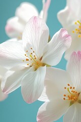 Obraz premium Delicate Pink and White Cherry Blossoms in Bloom Against a Soft Blue Sky, Spring Floral Background