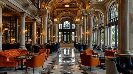 Step into luxury with this elegant hotel lobby, featuring stunning furnishings and a grand entrance. 