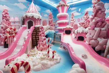 Colorful indoor playground designed like a candy land with slides, faux snow, and whimsical decorations creates a magical environment for children