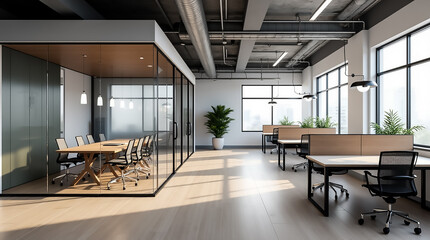 Modern office interior with open layout and glass meeting room in a city building during daylight