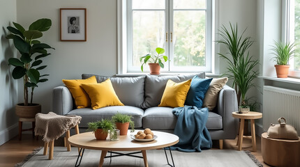 Cozy living room with modern decor and green plants on a sunny afternoon