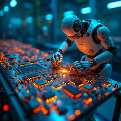 Robot assembling components on a circuit board in a high-tech facility during nighttime