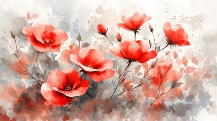 Red Poppies and Gold Watercolor Art, Delicate Floral Illustration, Pastel Tones, Dreamy Background