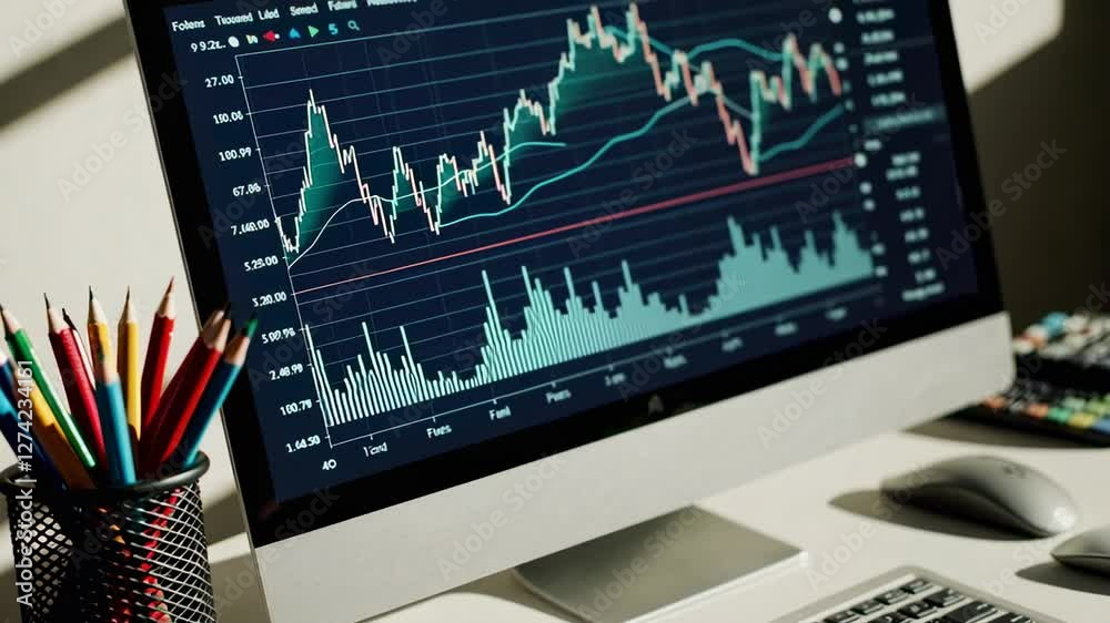 Poster Financial data analysis visualized through slow motion sequence displaying stock market information, calculator, and colored pencils on white desk