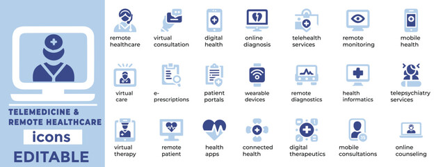 123 Telemedicine.epsTelemedicine and Remote Healthcare vector icons are perfect for medical apps, virtual care, and digital health designs 
