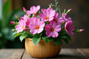 Delicate pink and purple flowers in a bamboo container, Flower Arrangement, Floral Art
