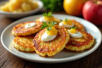 Latkes in a row on a plate with sour cream and applesauce dolloped on top, arrangement, sour cream